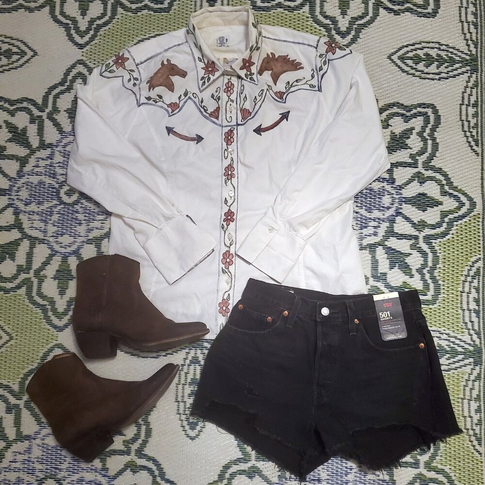 Women's GAP Long Sleeve Collared Button Shirt Blouse Top Horses White Sz XL
